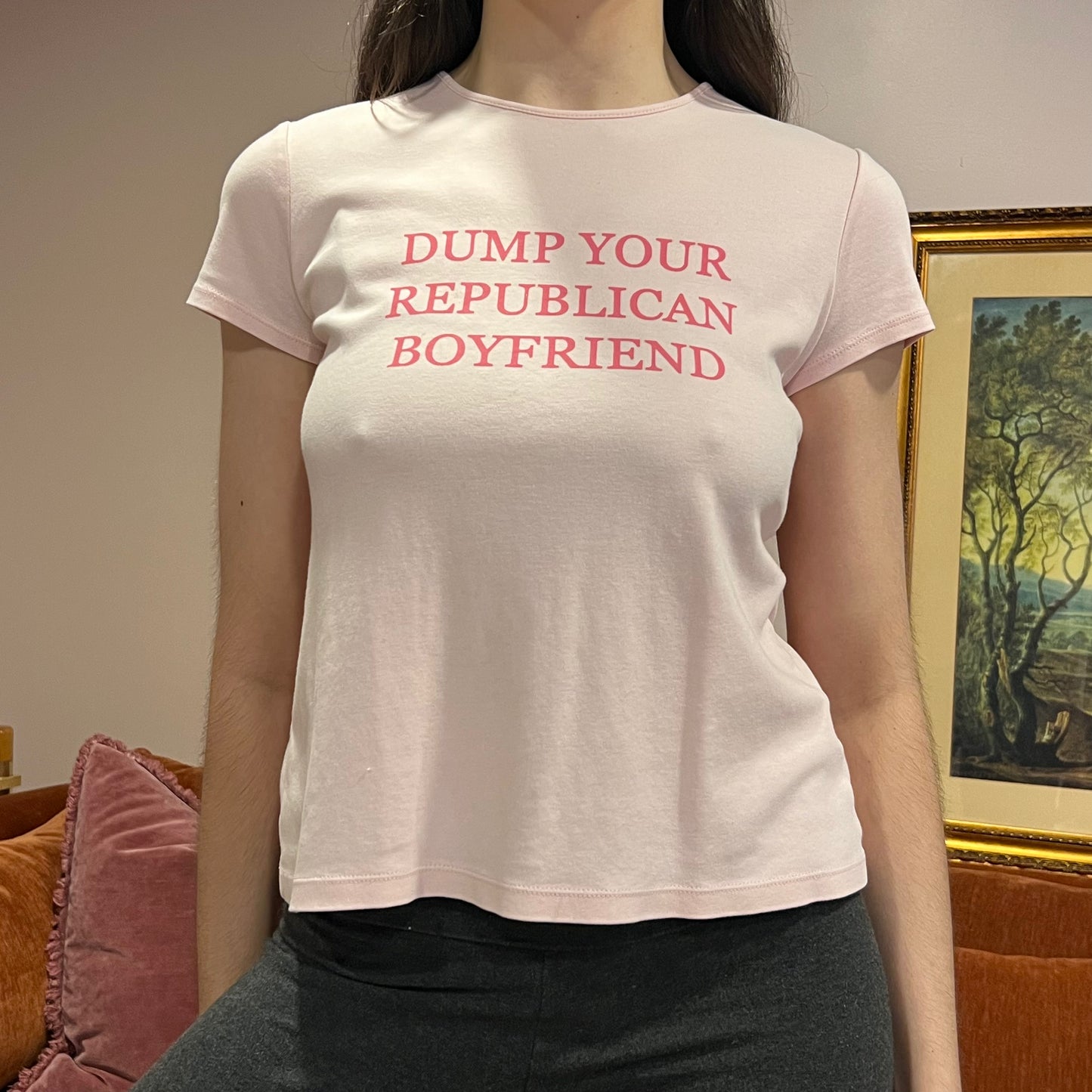 DUMP YOUR REPUBLICAN BOYFRIEND pink t-shirt with pink text (PS)