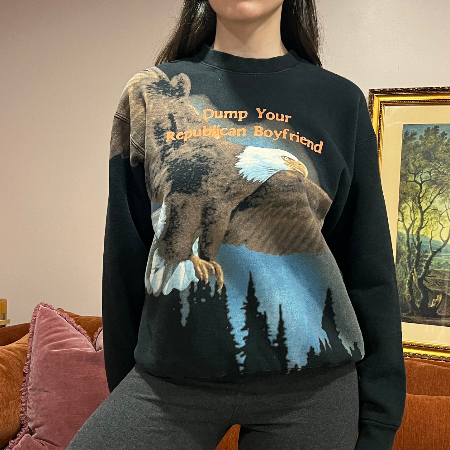 DUMP YOUR REPUBLICAN BOYFRIEND animal crewneck with orange text (L)