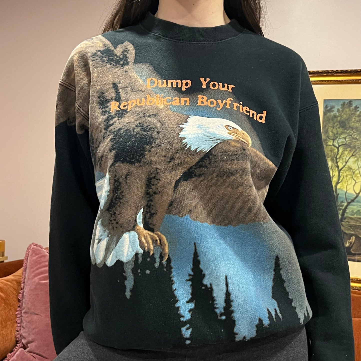 DUMP YOUR REPUBLICAN BOYFRIEND animal crewneck with orange text (L)