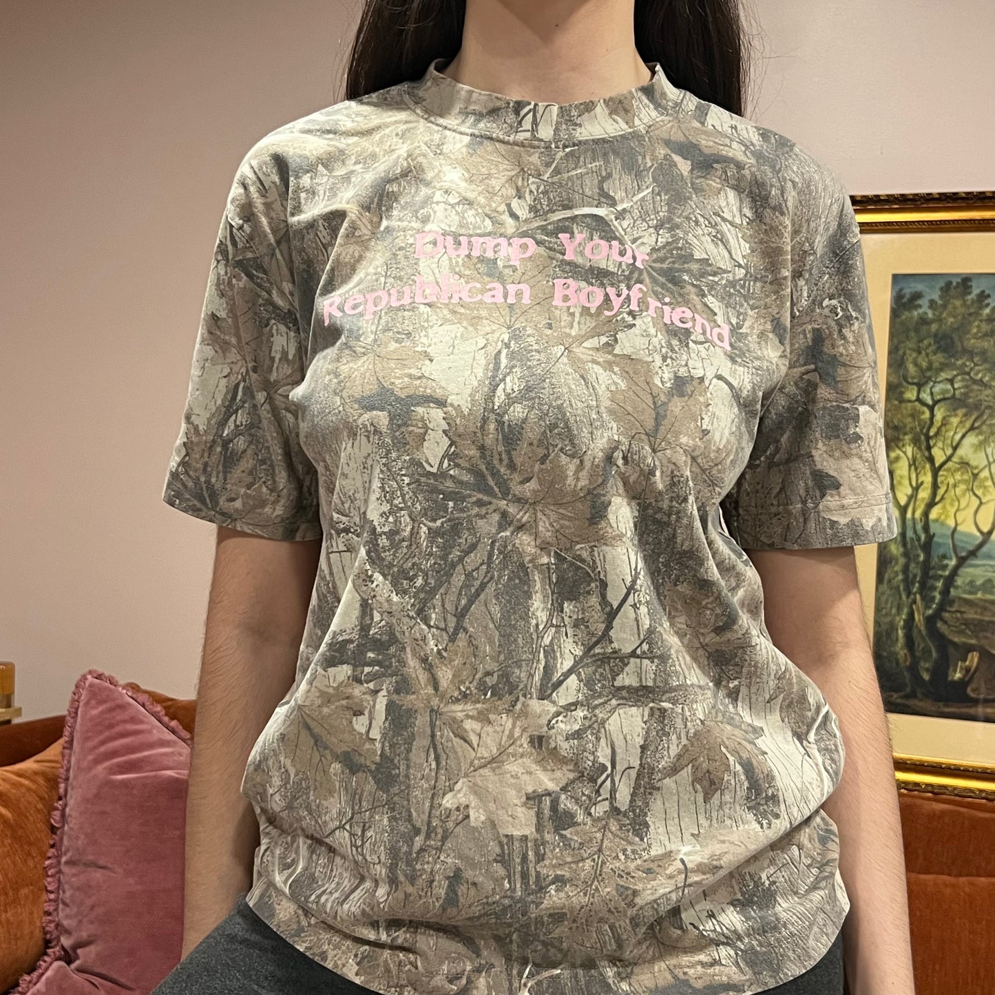 DUMP YOUR REPUBLICAN BOYFRIEND camo t-shirt with pink text (S)