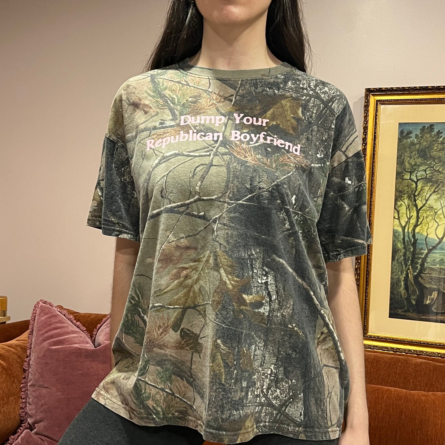 DUMP YOUR REPUBLICAN BOYFRIEND camo t-shirt with pink text (XL)