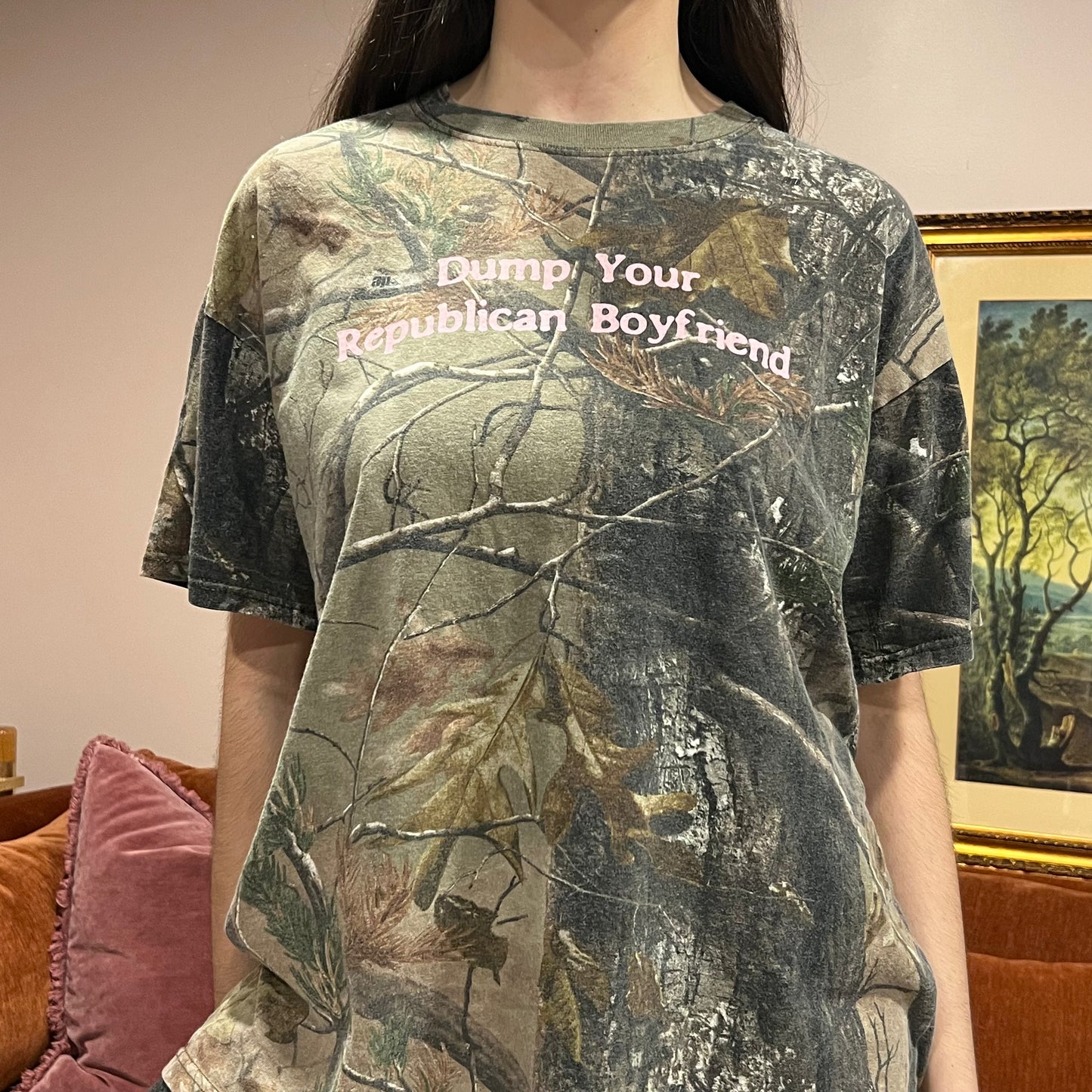 DUMP YOUR REPUBLICAN BOYFRIEND camo t-shirt with pink text (XL)