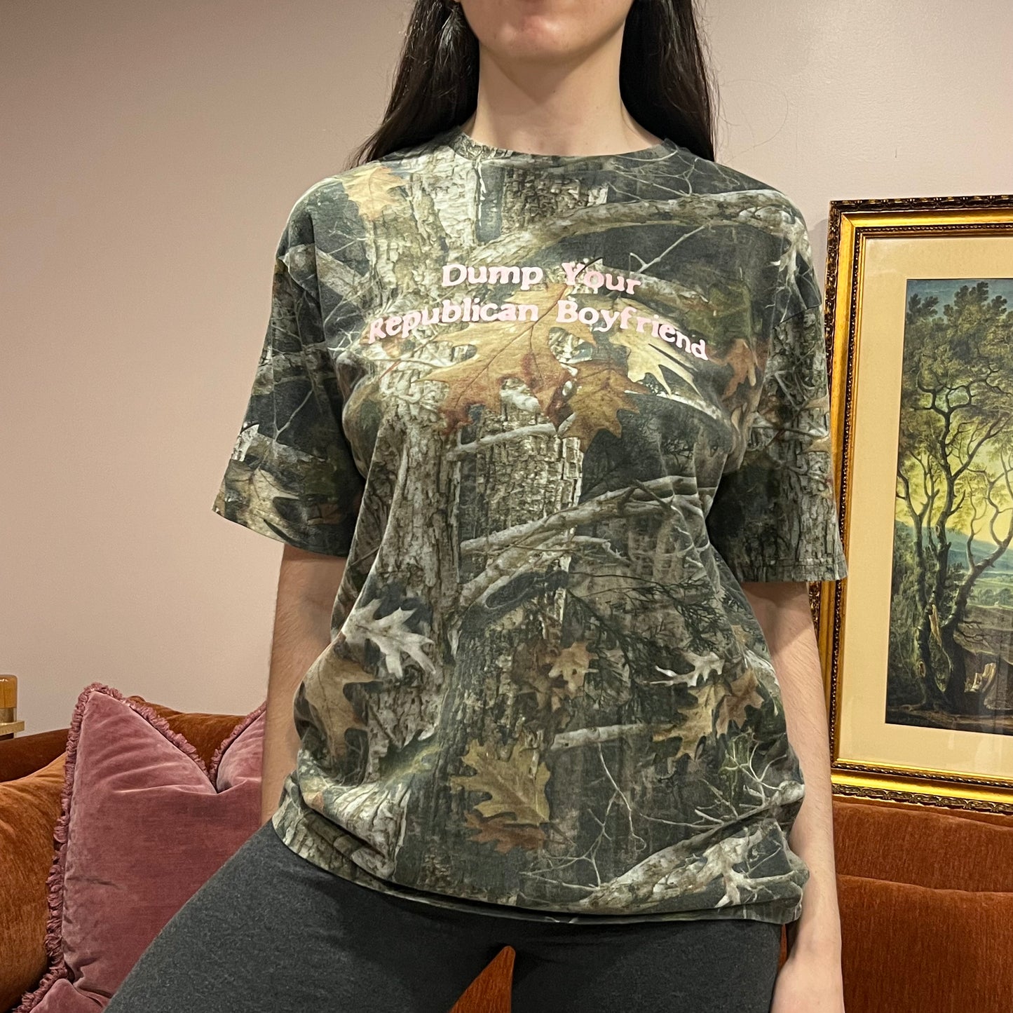 DUMP YOUR REPUBLICAN BOYFRIEND camo t-shirt with pink text (XL)