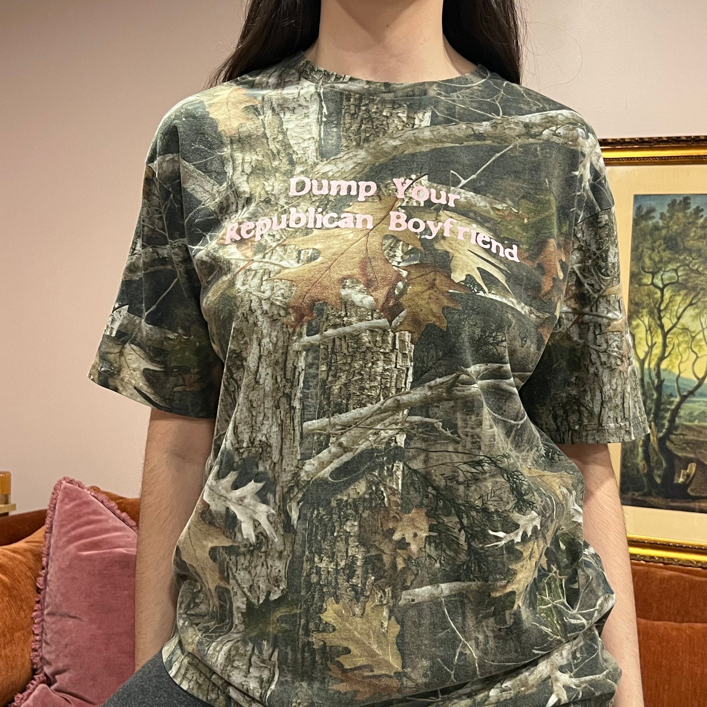 DUMP YOUR REPUBLICAN BOYFRIEND camo t-shirt with pink text (XL)