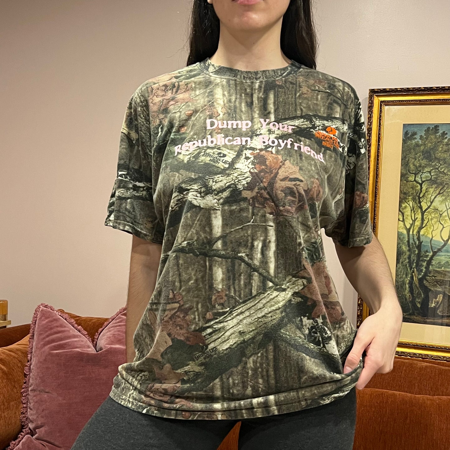 DUMP YOUR REPUBLICAN BOYFRIEND camo t-shirt with pink text (XL)