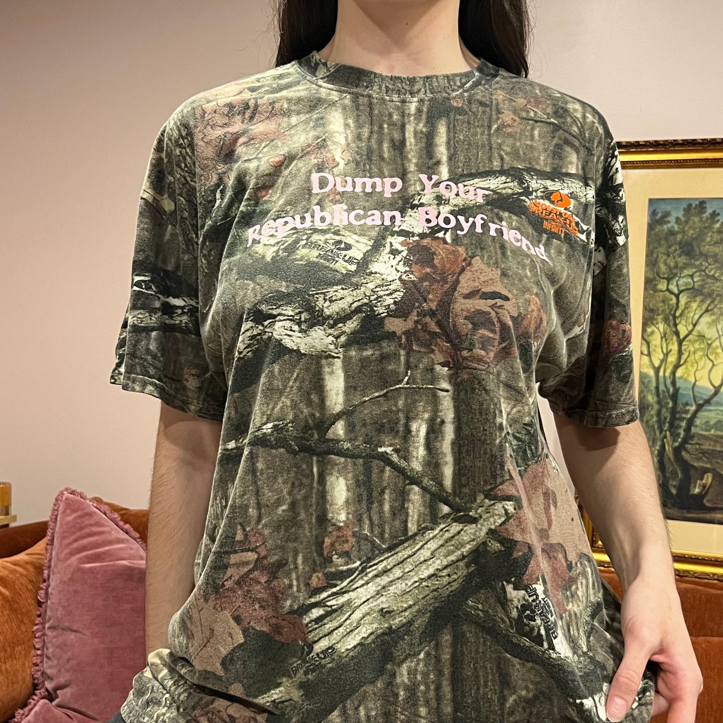 DUMP YOUR REPUBLICAN BOYFRIEND camo t-shirt with pink text (XL)