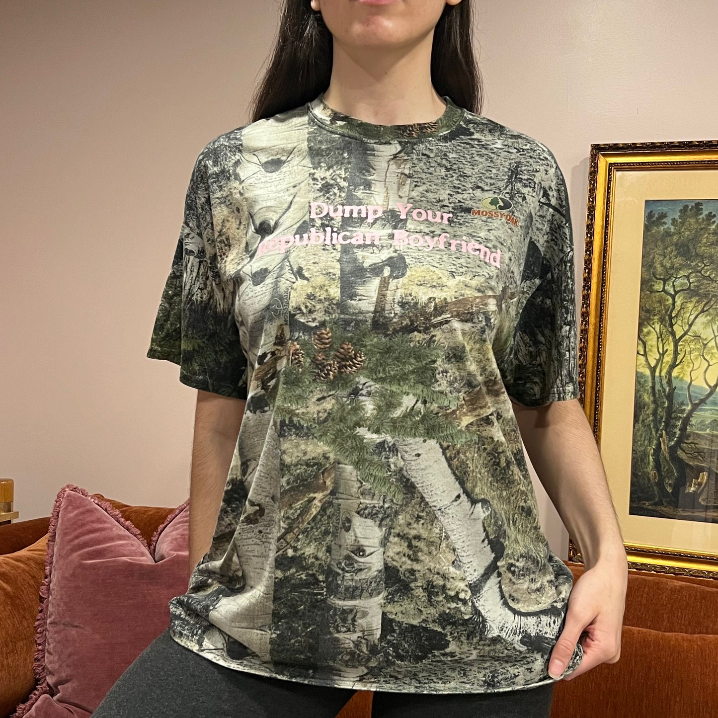DUMP YOUR REPUBLICAN BOYFRIEND camo t-shirt with pink text (XL)