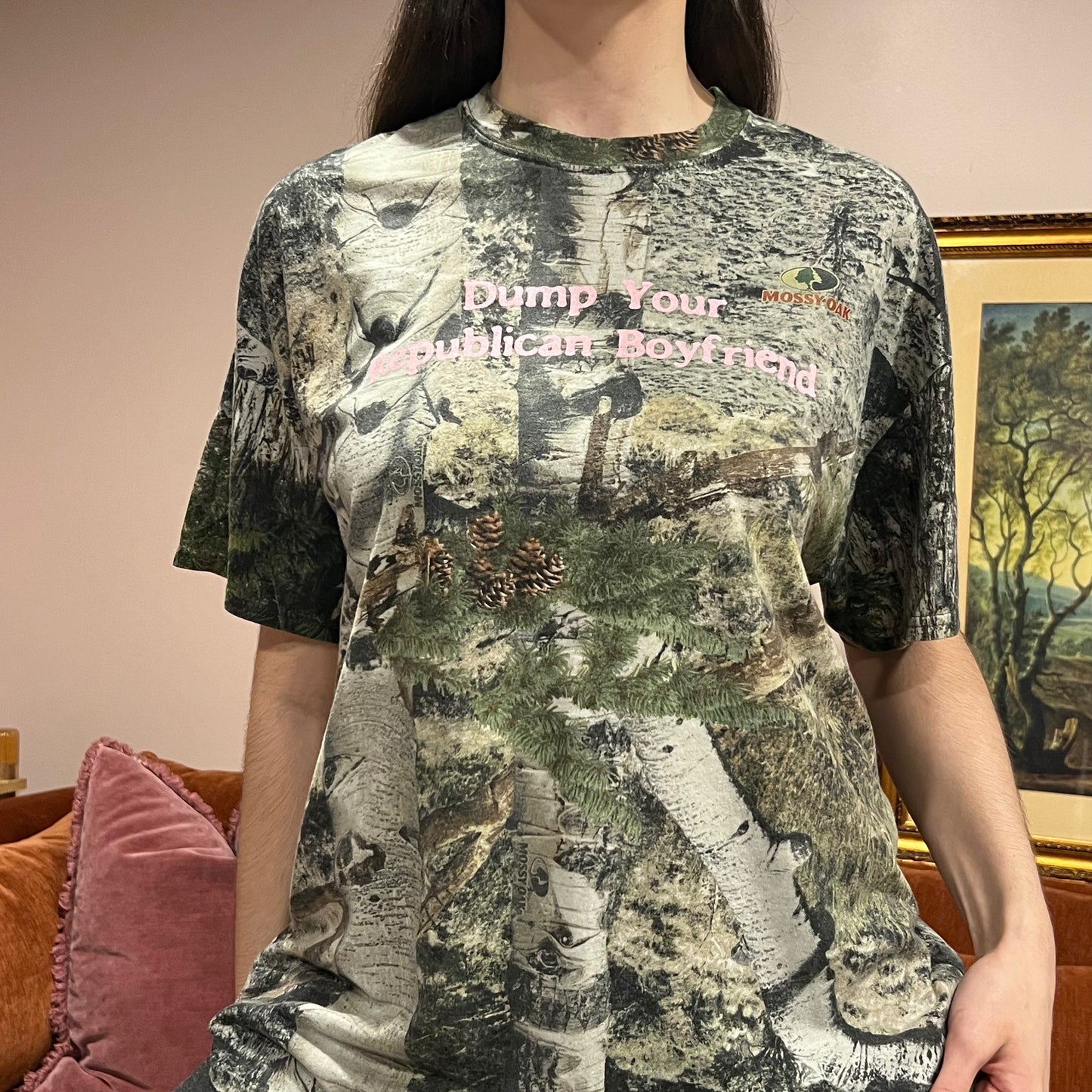 DUMP YOUR REPUBLICAN BOYFRIEND camo t-shirt with pink text (XL)
