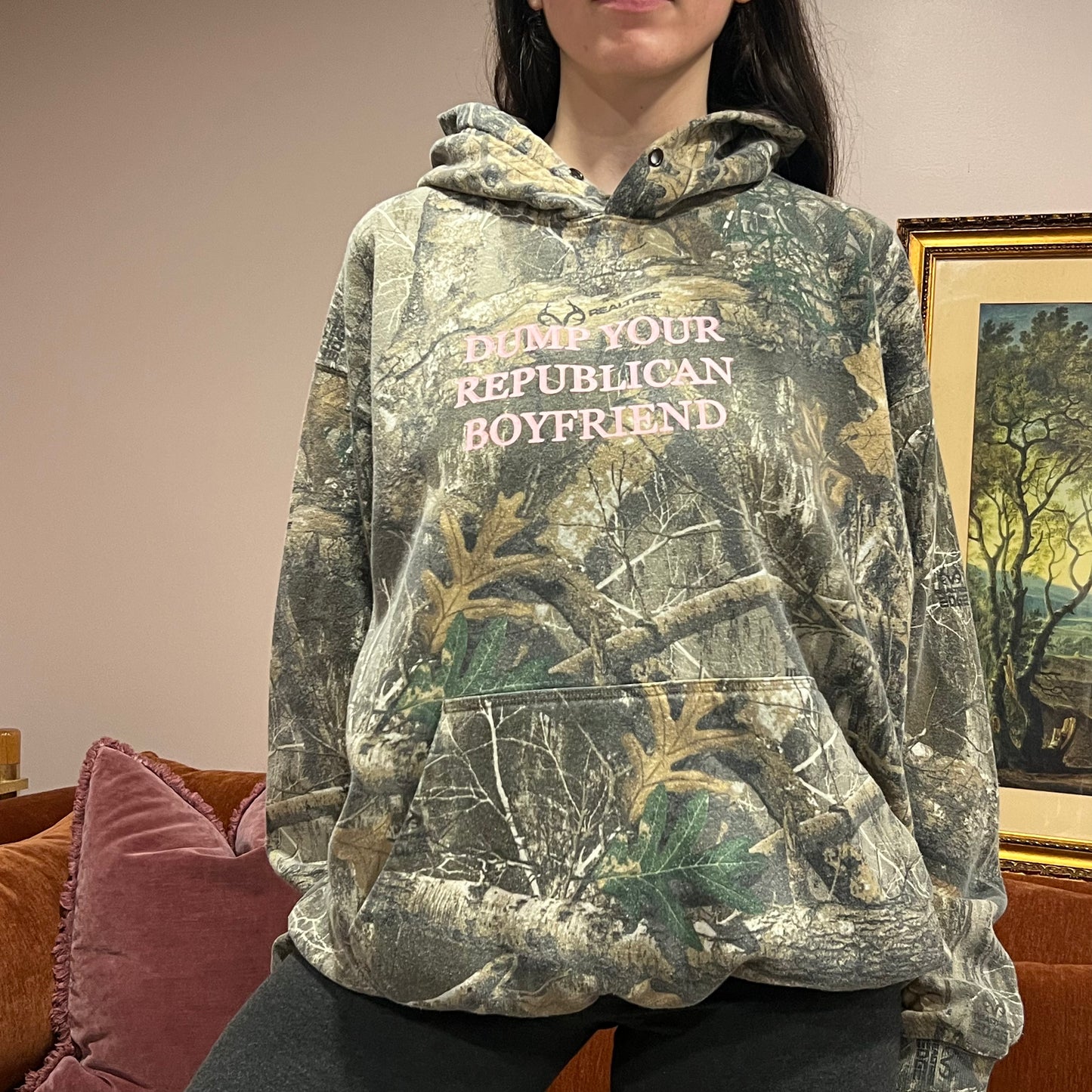DUMP YOUR REPUBLICAN BOYFRIEND camo hoodie with pink text (XL/2XL)