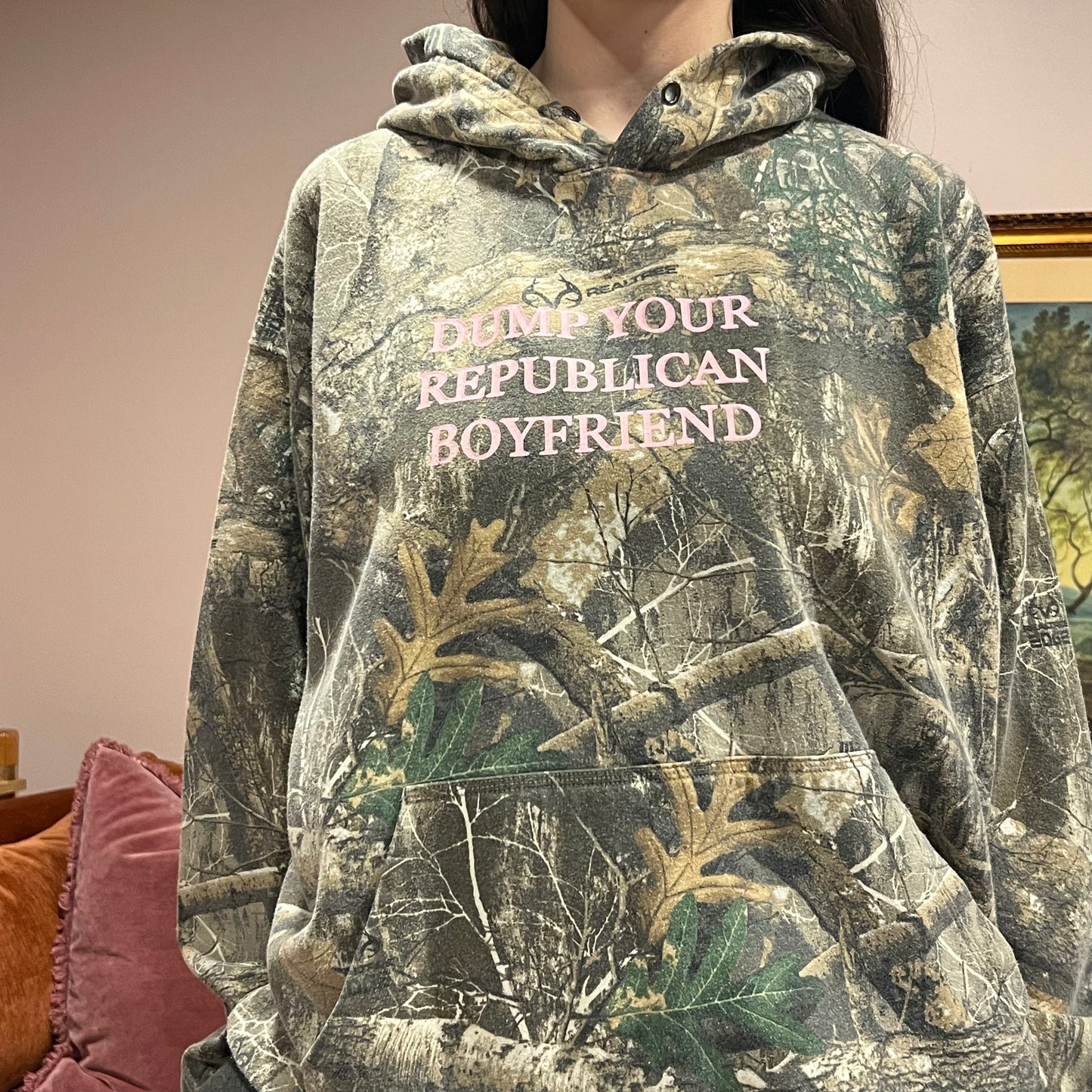 DUMP YOUR REPUBLICAN BOYFRIEND camo hoodie with pink text (XL/2XL)