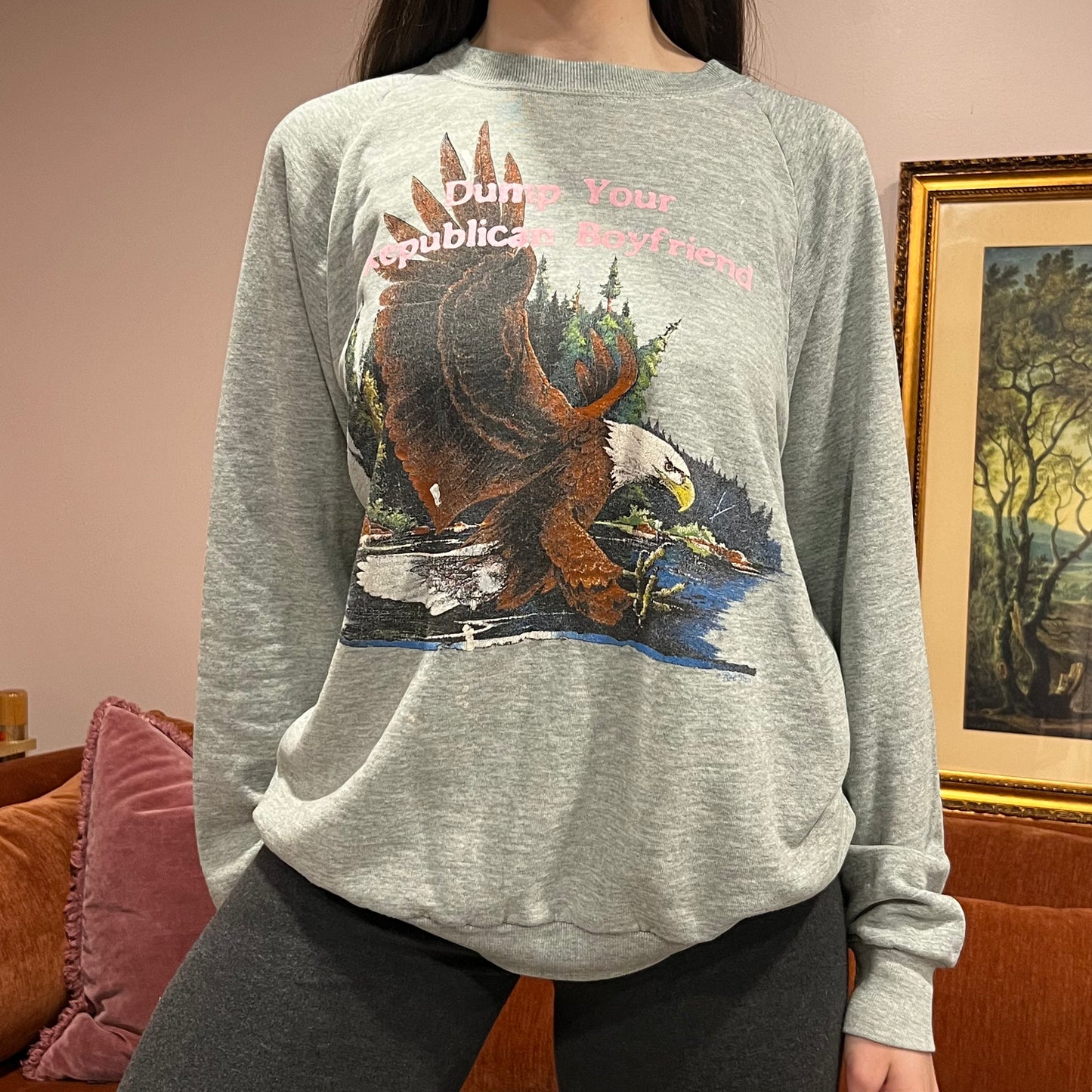 DUMP YOUR REPUBLICAN BOYFRIEND animal crewneck with pink text (XL)