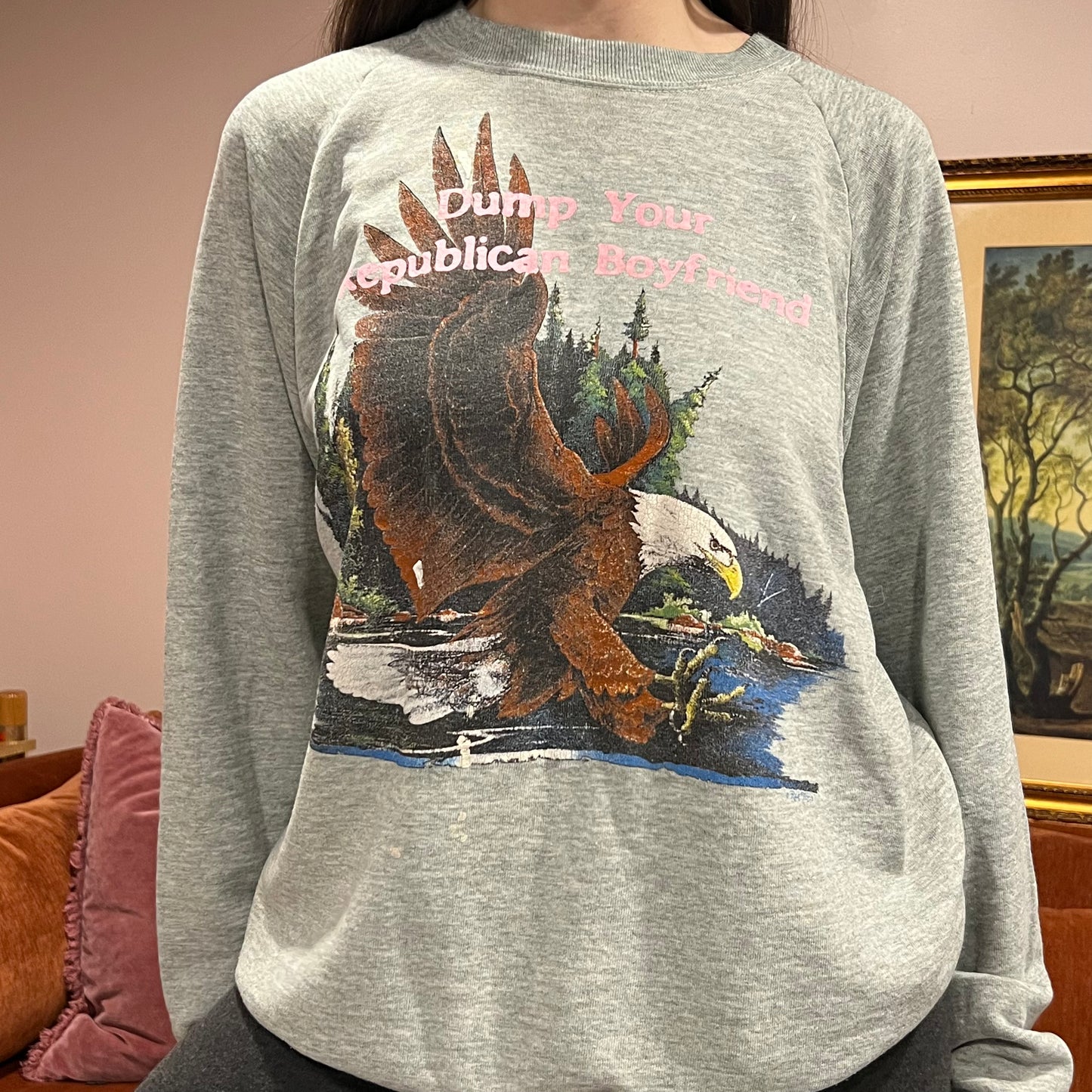 DUMP YOUR REPUBLICAN BOYFRIEND animal crewneck with pink text (XL)