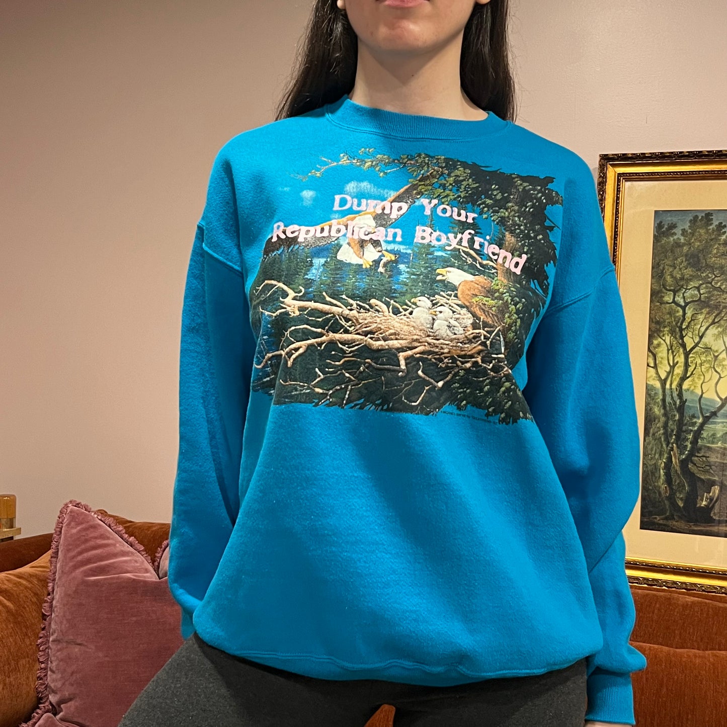 DUMP YOUR REPUBLICAN BOYFRIEND animal crewneck with pink text (XL)
