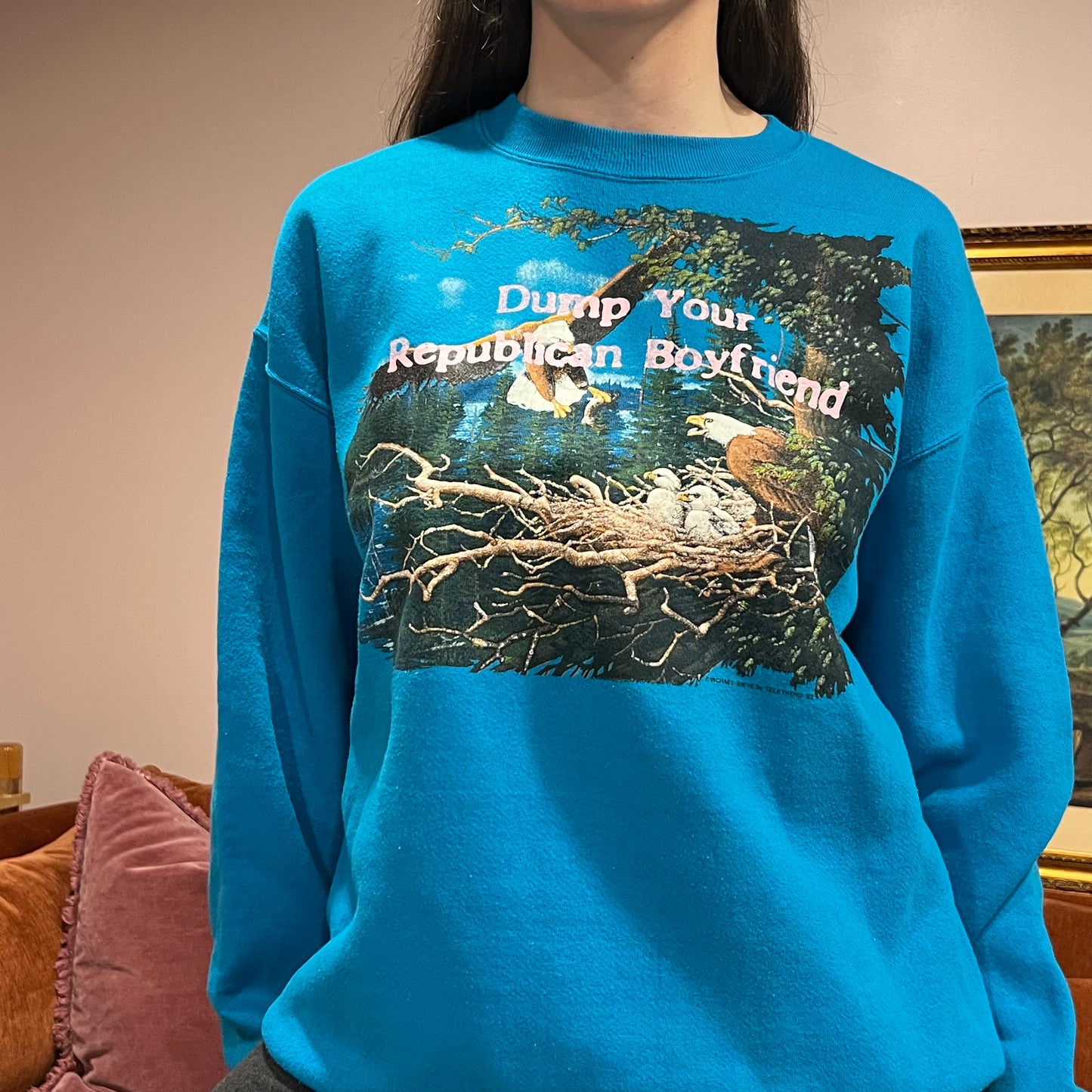 DUMP YOUR REPUBLICAN BOYFRIEND animal crewneck with pink text (XL)