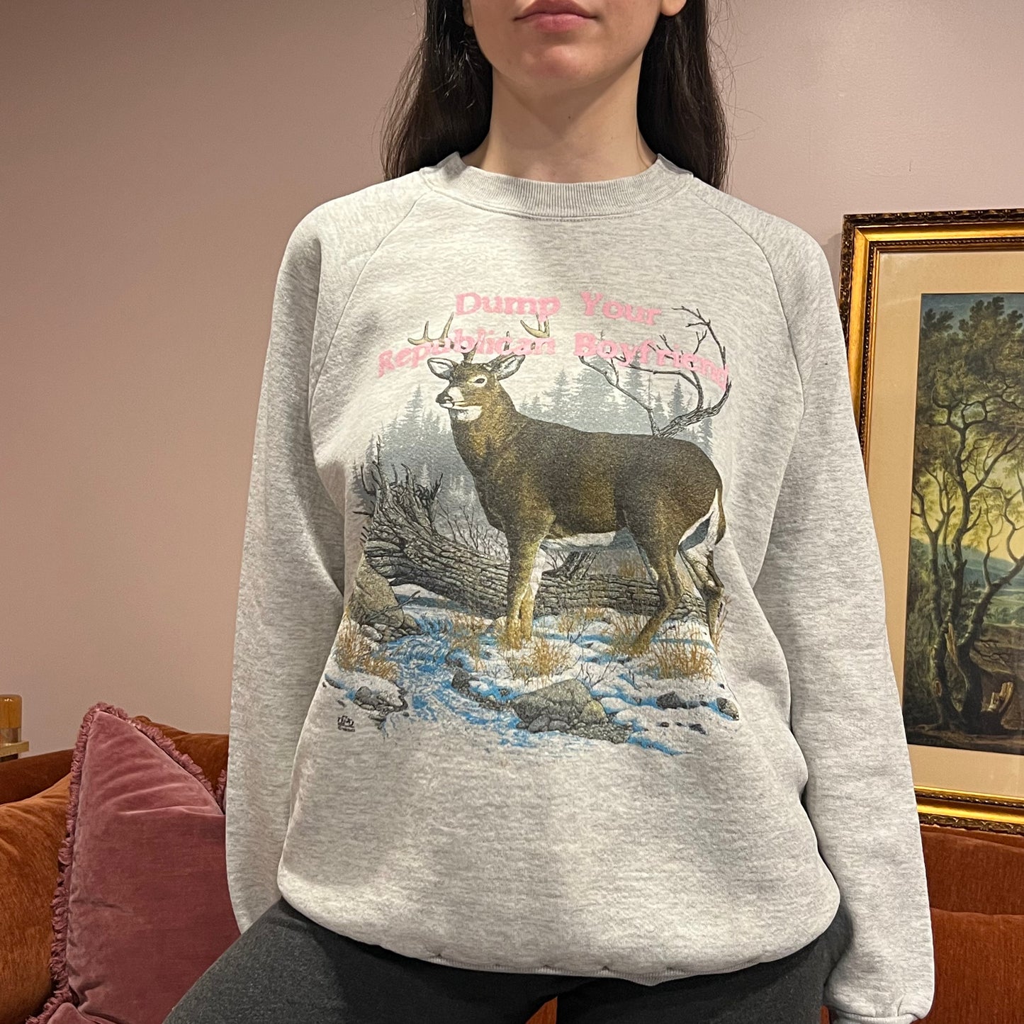 DUMP YOUR REPUBLICAN BOYFRIEND animal crewneck with pink text (L/XL)