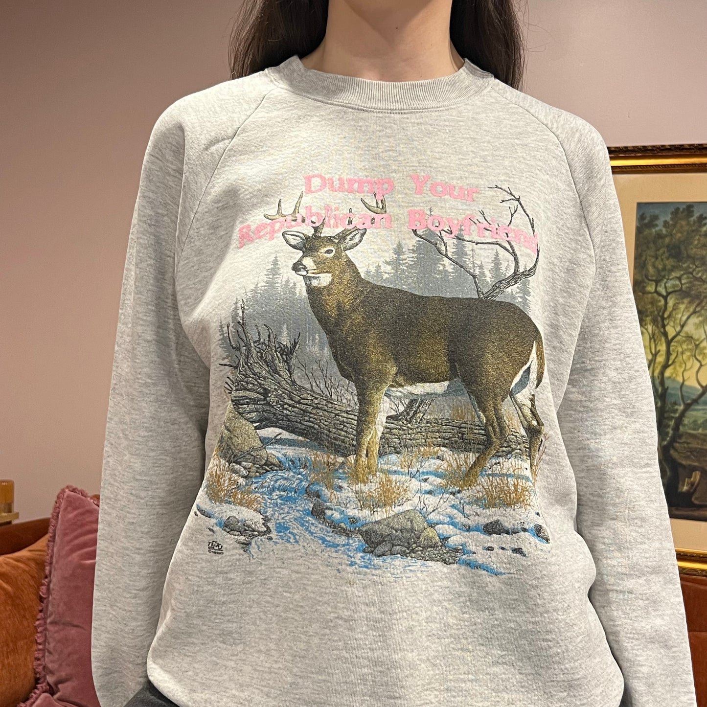 DUMP YOUR REPUBLICAN BOYFRIEND animal crewneck with pink text (L/XL)