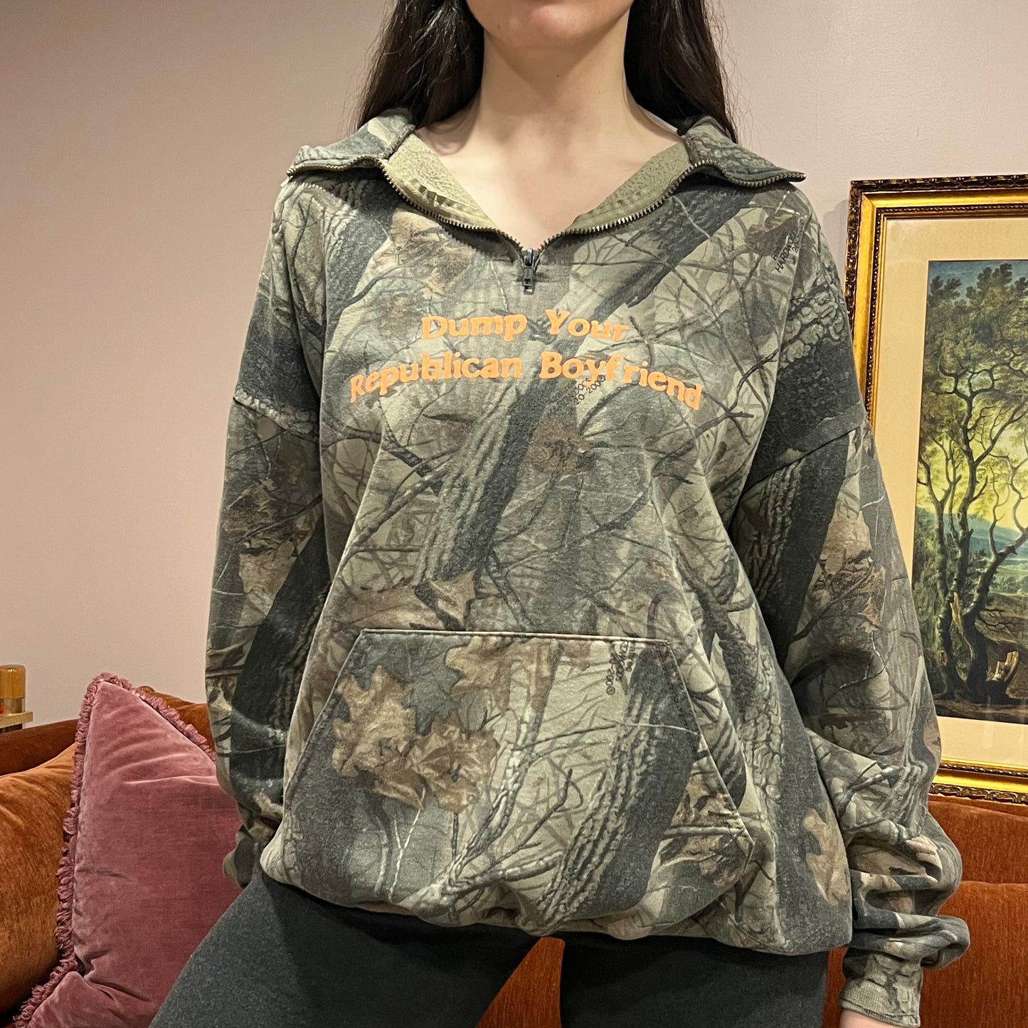 DUMP YOUR REPUBLICAN BOYFRIEND camo zip-up with orange text (3XL)