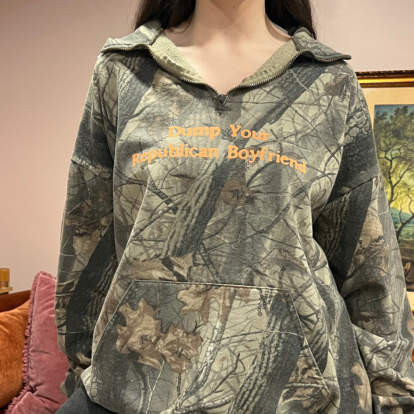 DUMP YOUR REPUBLICAN BOYFRIEND camo zip-up with orange text (3XL)