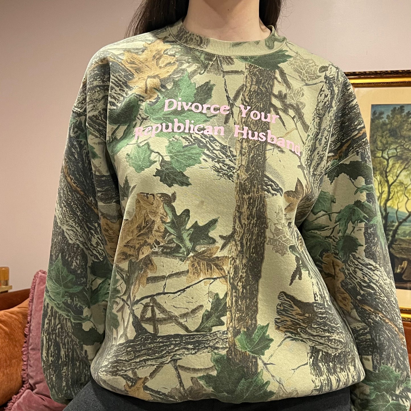 DIVORCE YOUR REPUBLICAN HUSBAND camo crewneck with pink text (XL)