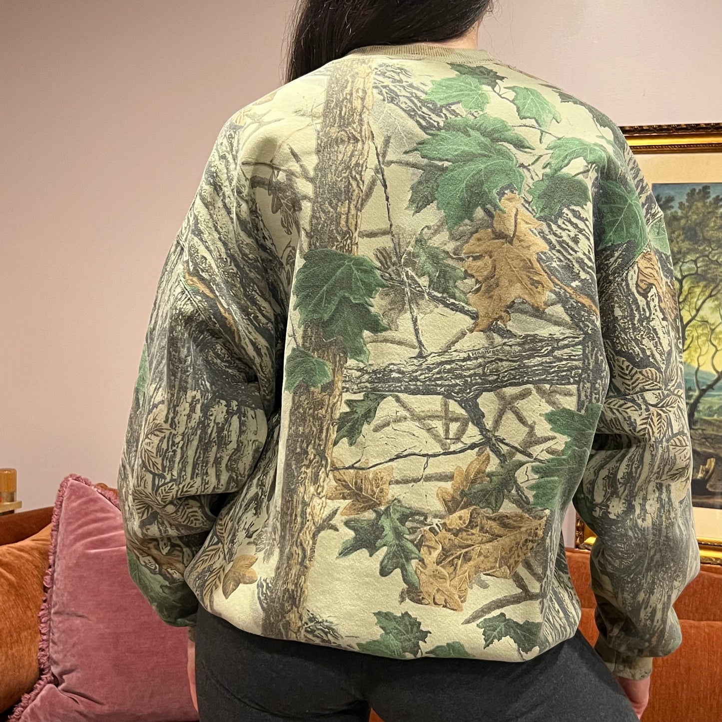 DIVORCE YOUR REPUBLICAN HUSBAND camo crewneck with pink text (XL)