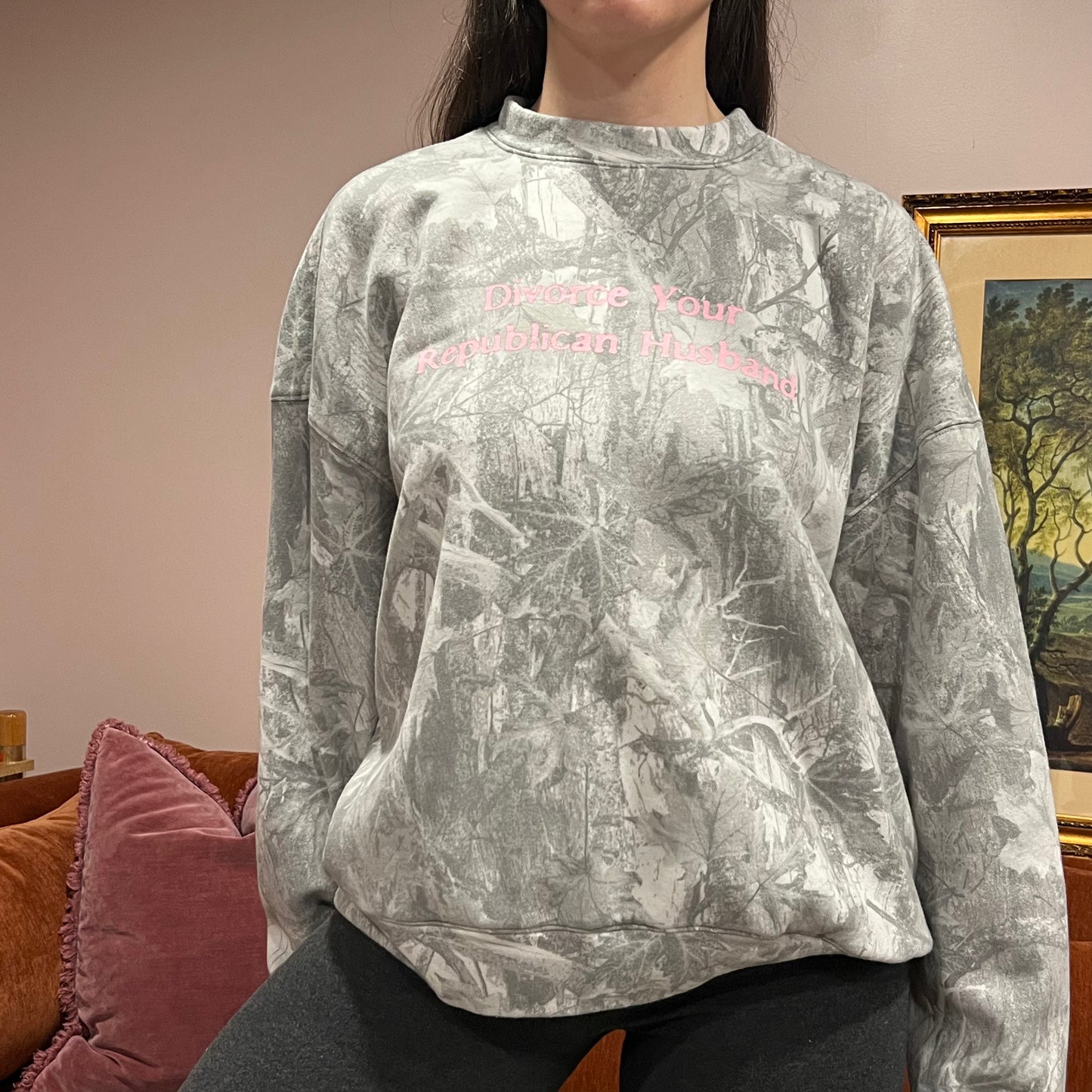 DIVORCE YOUR REPUBLICAN HUSBAND white camo crewneck with pink text (L)