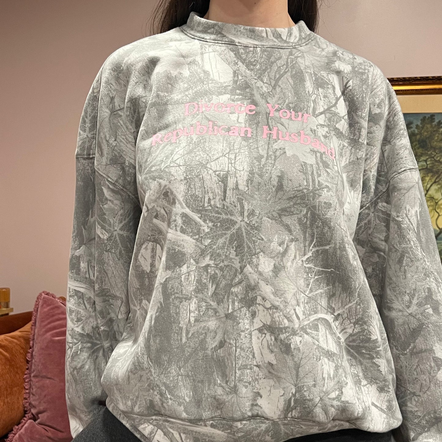 DIVORCE YOUR REPUBLICAN HUSBAND white camo crewneck with pink text (L)