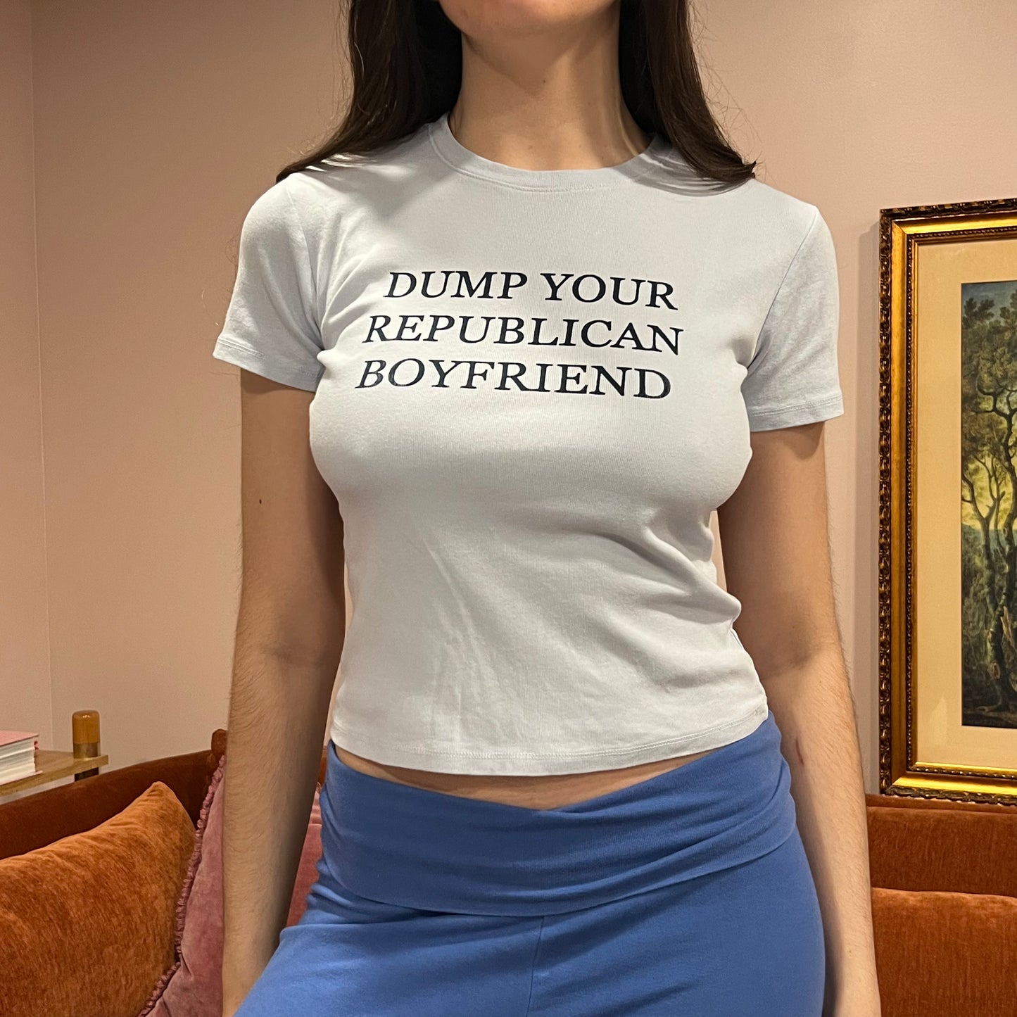 DUMP YOUR REPUBLICAN BOYFRIEND light blue t-shirt with navy text (S)