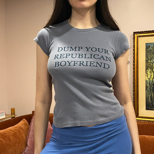 DUMP YOUR REPUBLICAN BOYFRIEND navy blue t-shirt with navy text (XS)