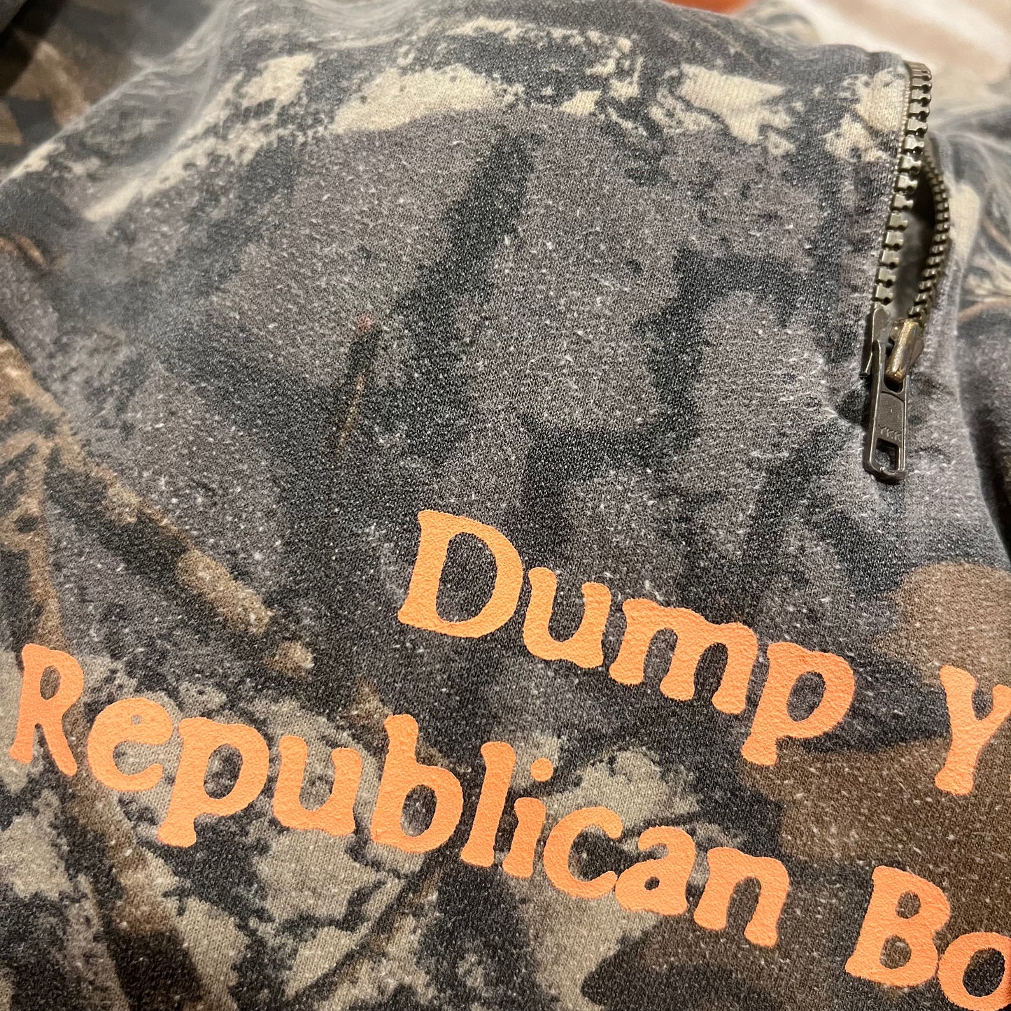 DUMP YOUR REPUBLICAN BOYFRIEND camo zip-up with orange text (XL)