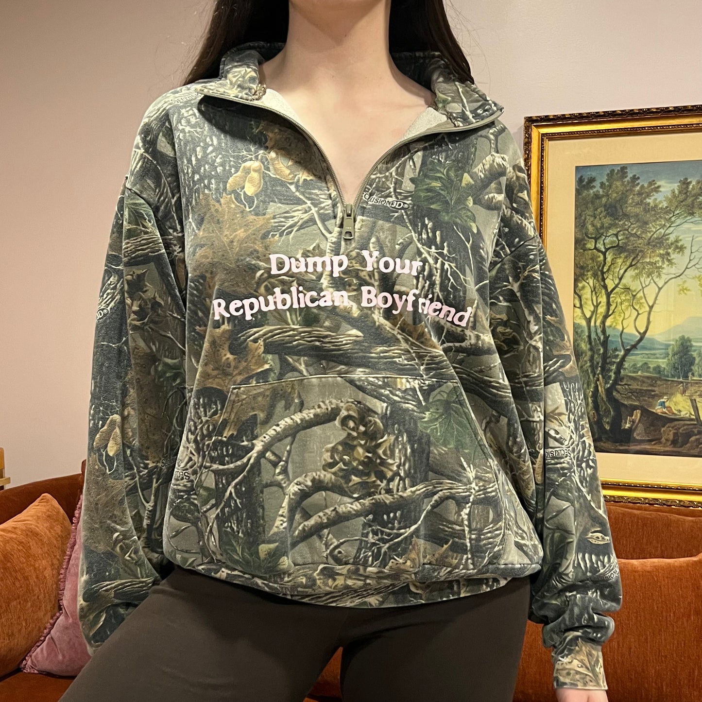 DUMP YOUR REPUBLICAN BOYFRIEND camo zip-up with pink text (XL)