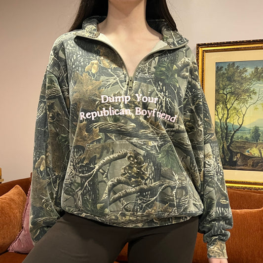 DUMP YOUR REPUBLICAN BOYFRIEND camo zip-up with pink text (XL)