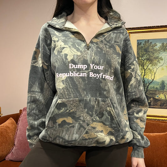 DUMP YOUR REPUBLICAN BOYFRIEND camo zip-up with pink text (XL)