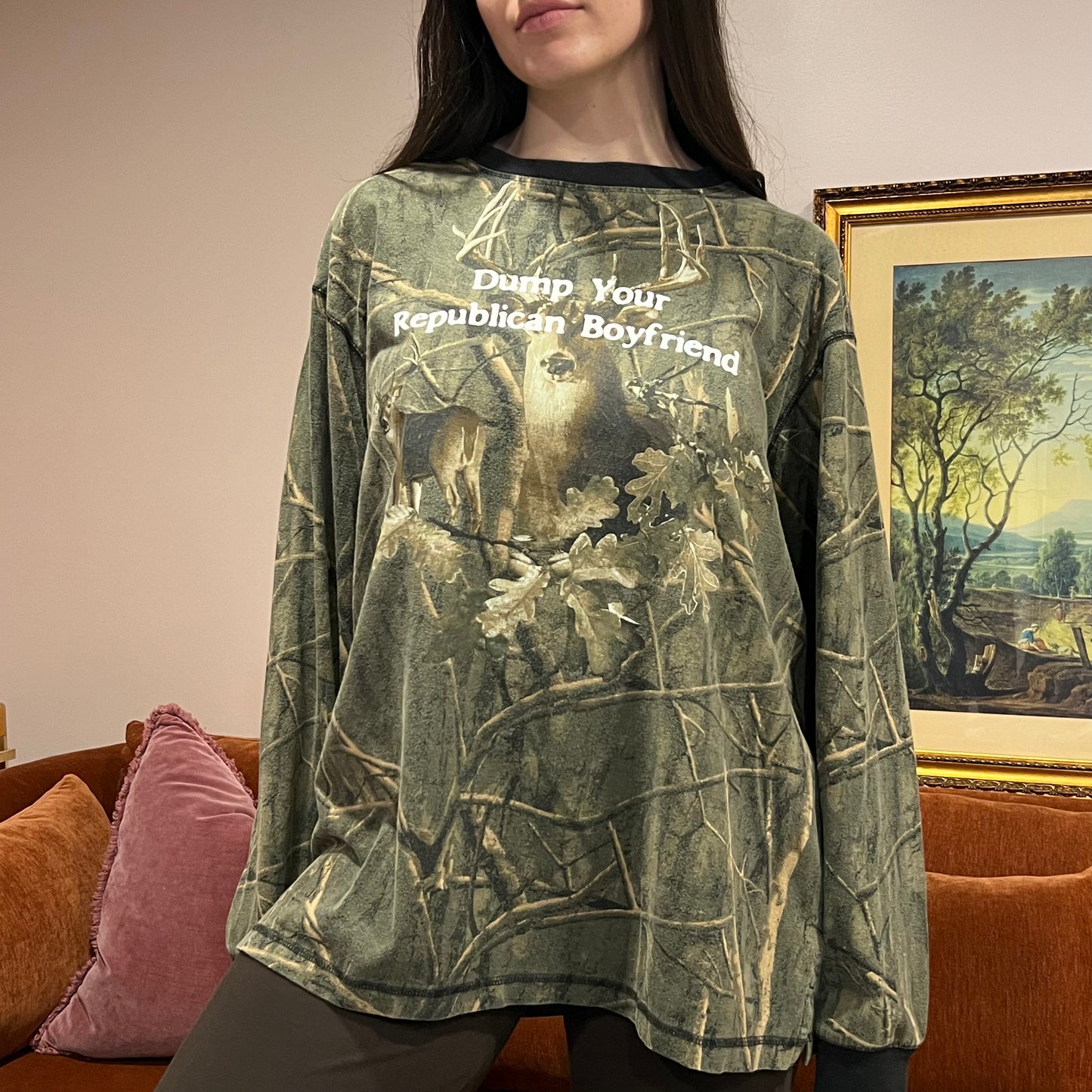 DUMP YOUR REPUBLICAN BOYFRIEND camo long sleeve t-shirt with white text (XL)