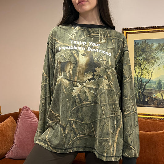 DUMP YOUR REPUBLICAN BOYFRIEND camo long sleeve t-shirt with white text (XL)
