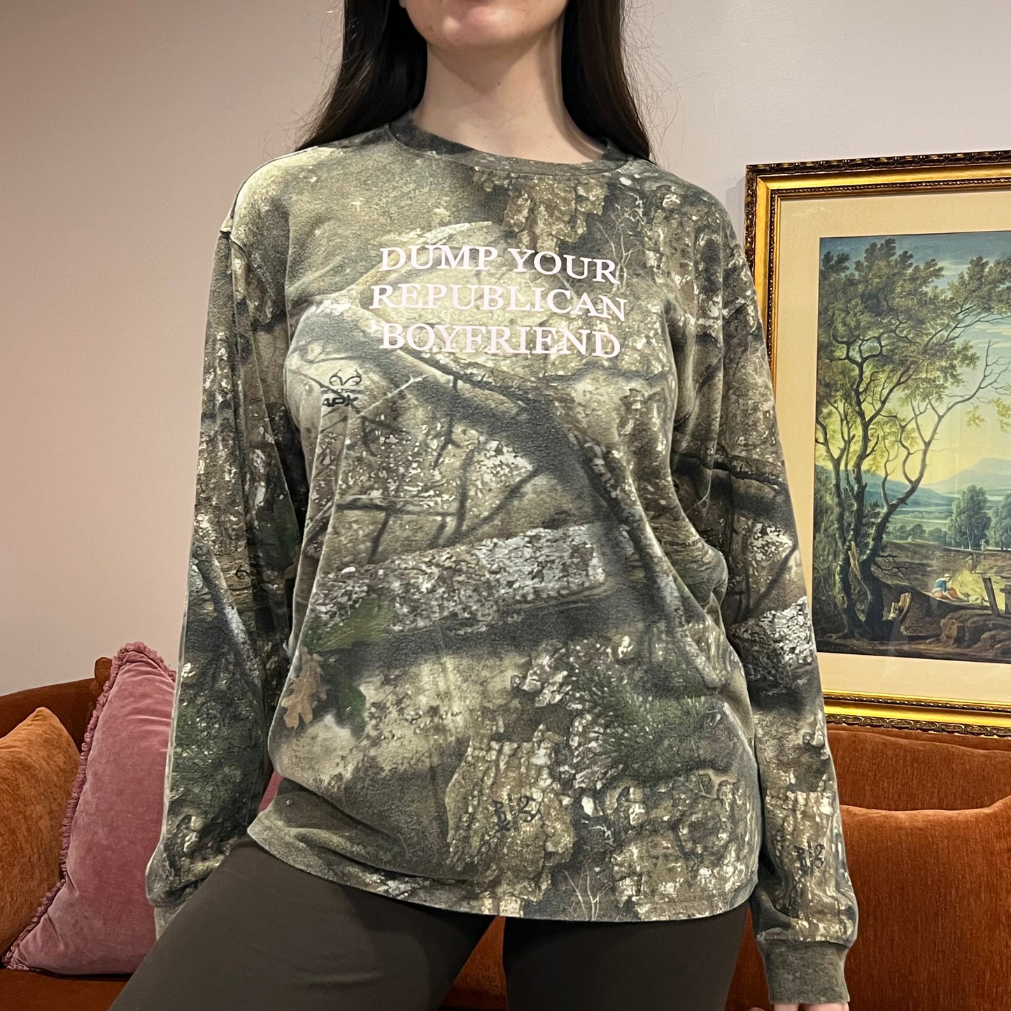 DUMP YOUR REPUBLICAN BOYFRIEND camo long sleeve t-shirt with pink text (M)