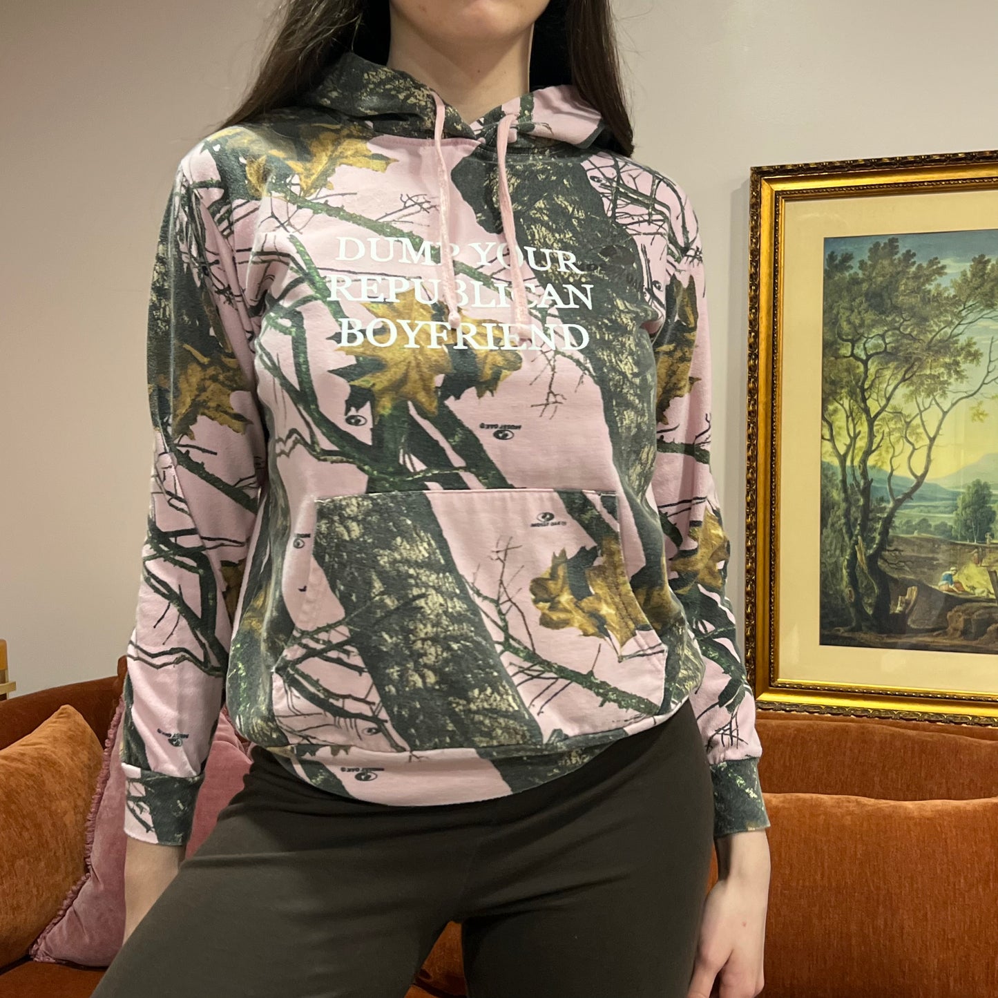 DUMP YOUR REPUBLICAN BOYFRIEND pink camo hoodie with white text (M)
