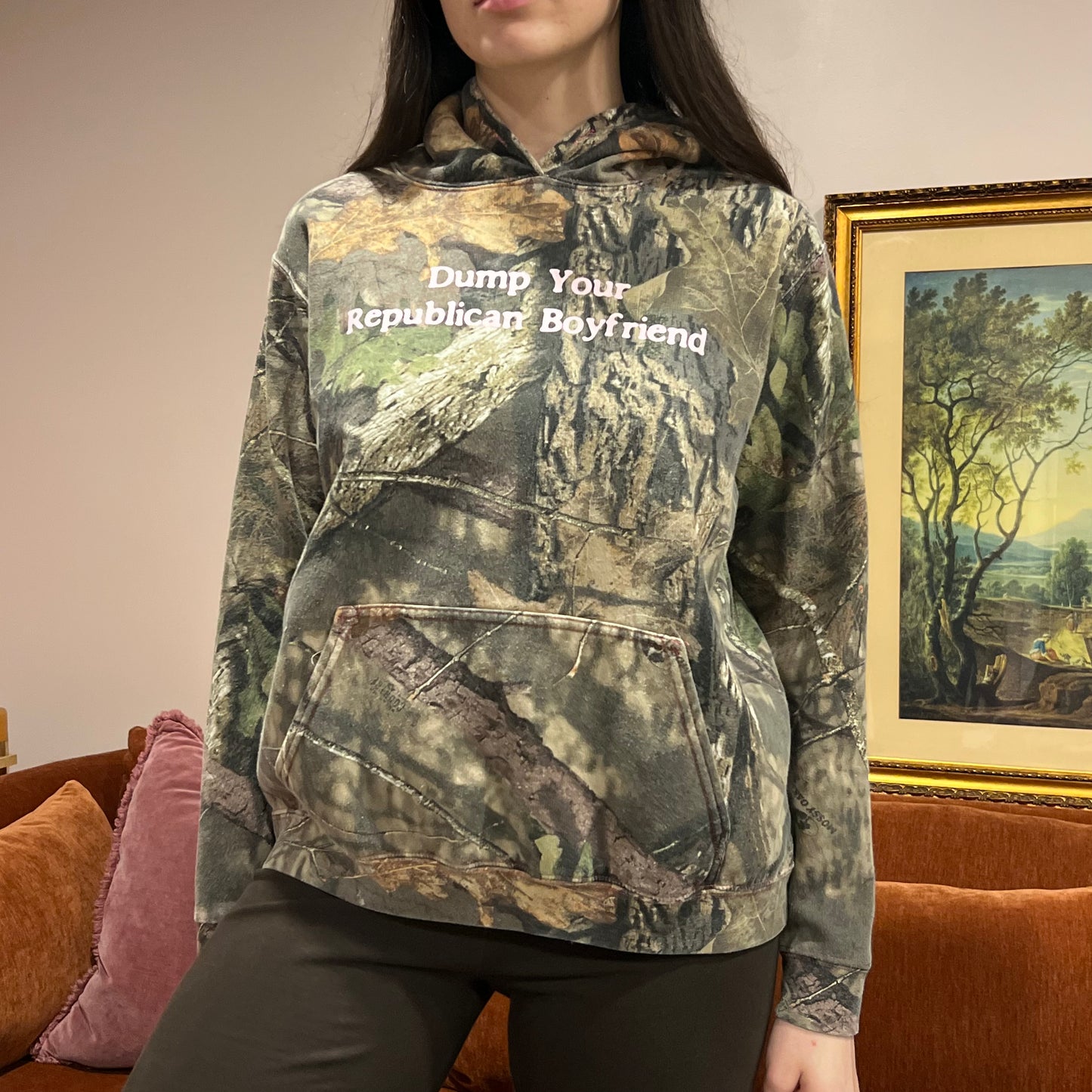 DUMP YOUR REPUBLICAN BOYFRIEND camo hoodie with pink text (L)