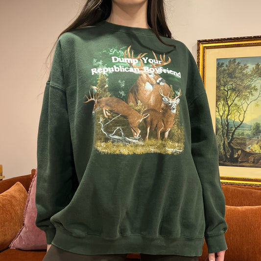 DUMP YOUR REPUBLICAN BOYFRIEND deer crewneck with white text (XL)