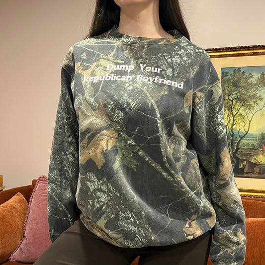 DUMP YOUR REPUBLICAN BOYFRIEND camo crewneck with pink text (M)
