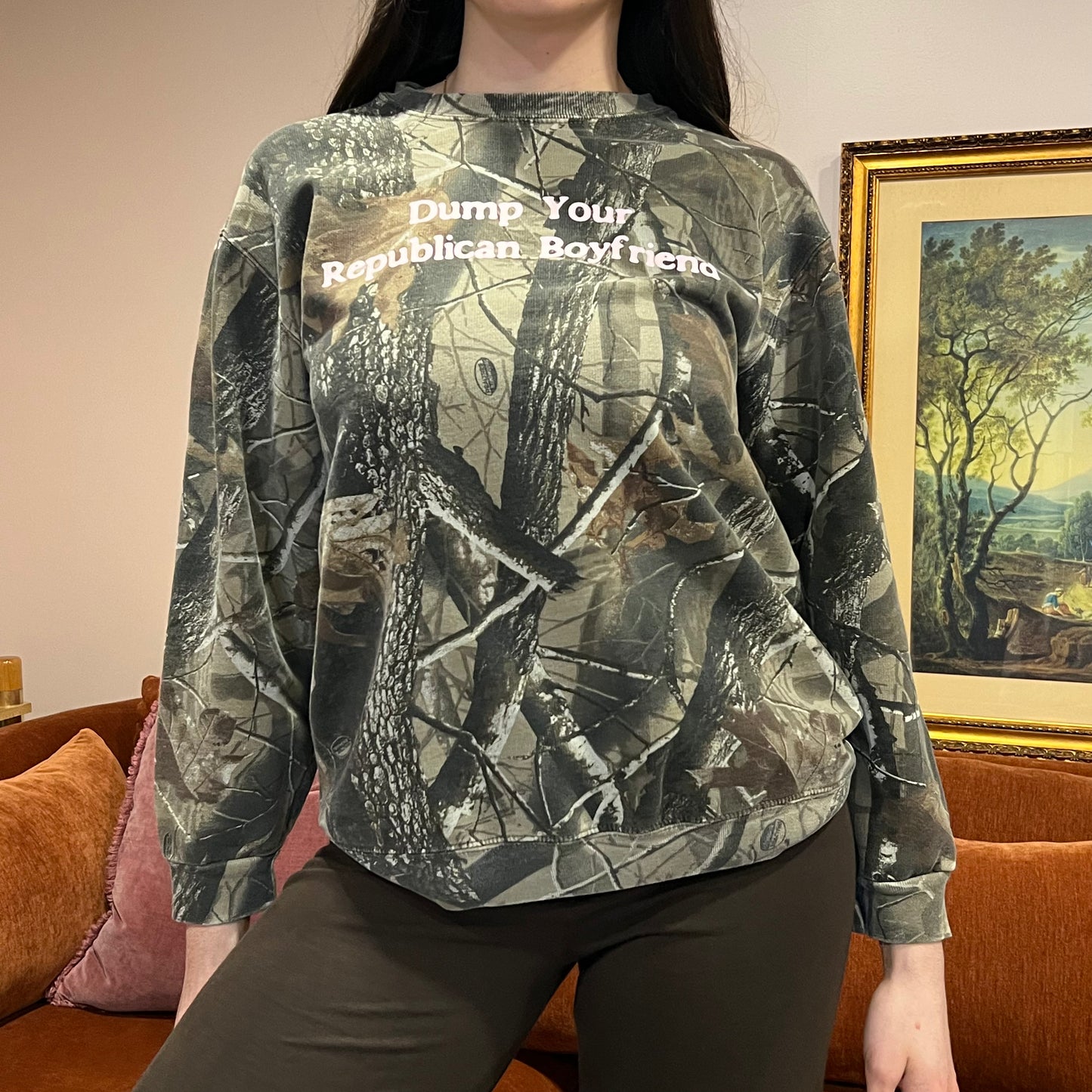 DUMP YOUR REPUBLICAN BOYFRIEND camo crewneck with pink text (M)