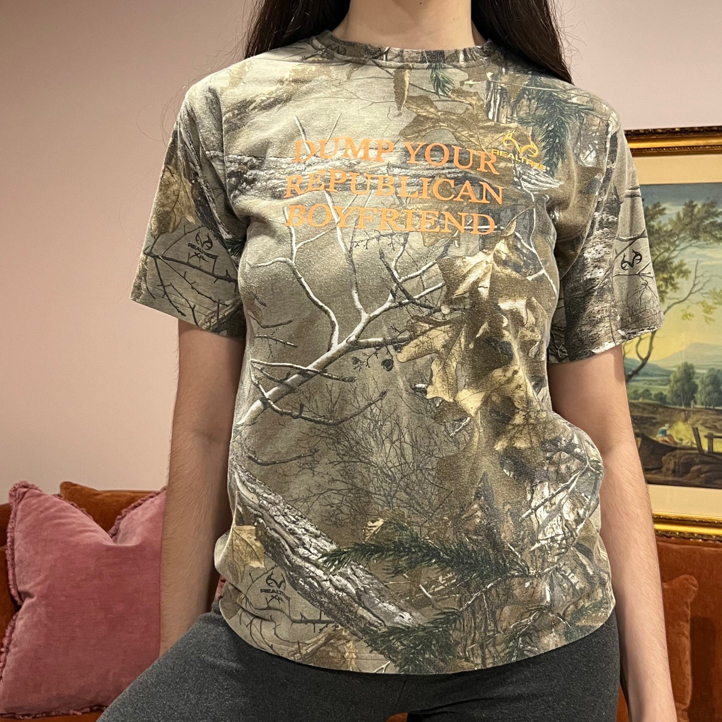 DUMP YOUR REPUBLICAN BOYFRIEND camo t-shirt with orange text (M)