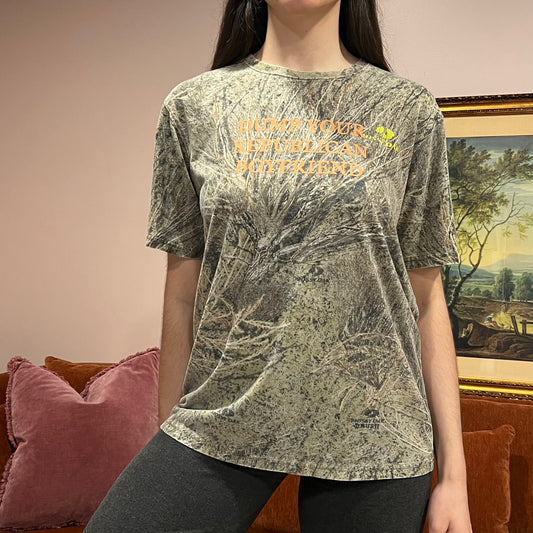 DUMP YOUR REPUBLICAN BOYFRIEND camo t-shirt with orange text (M)