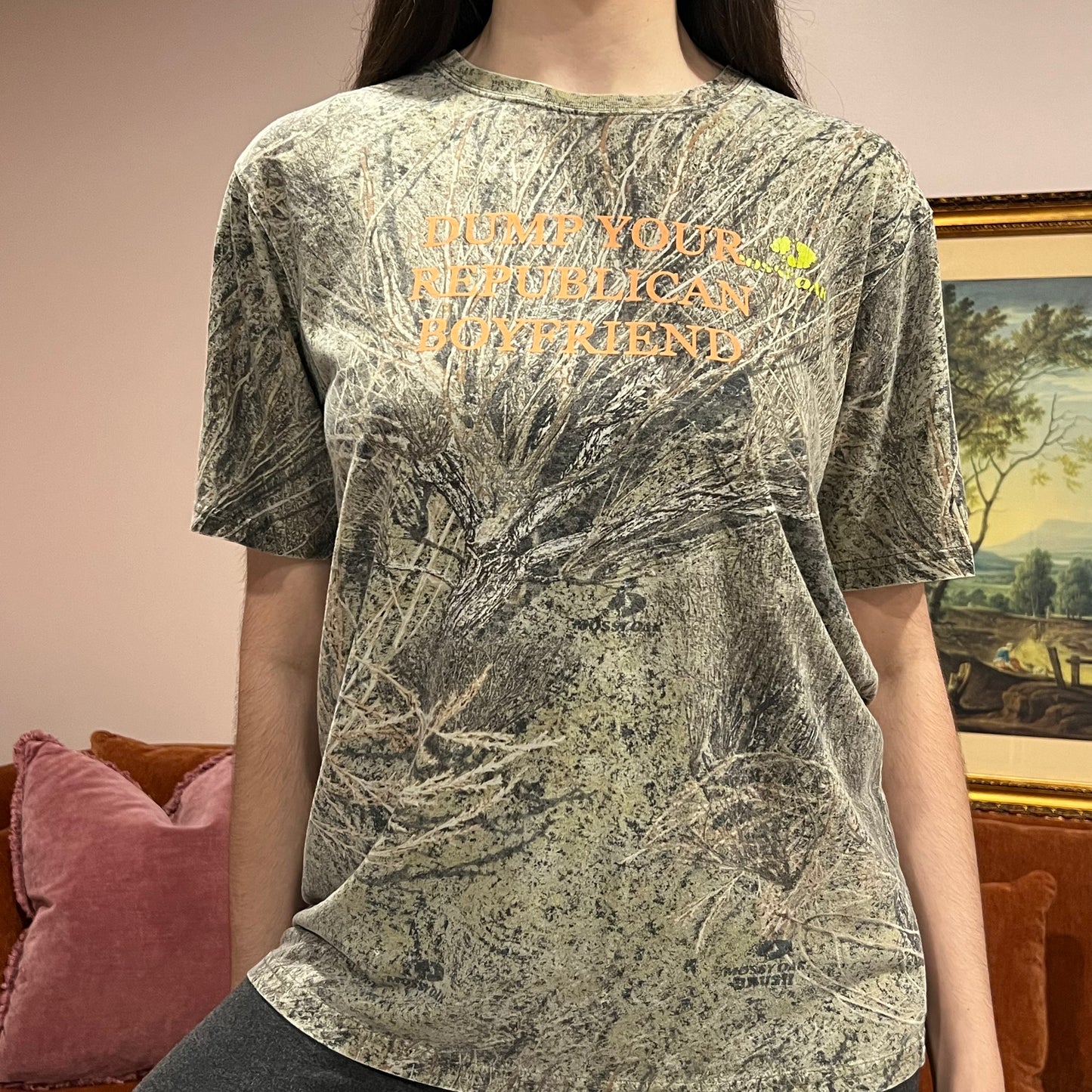 DUMP YOUR REPUBLICAN BOYFRIEND camo t-shirt with orange text (M)
