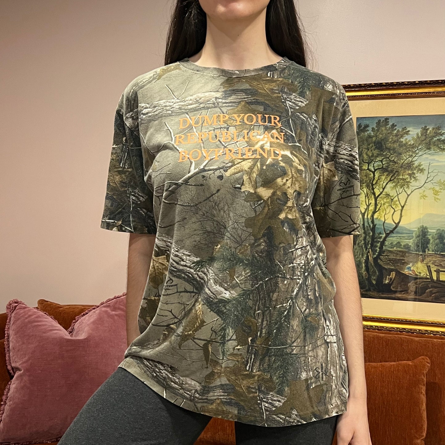 DUMP YOUR REPUBLICAN BOYFRIEND camo t-shirt with orange text (L)