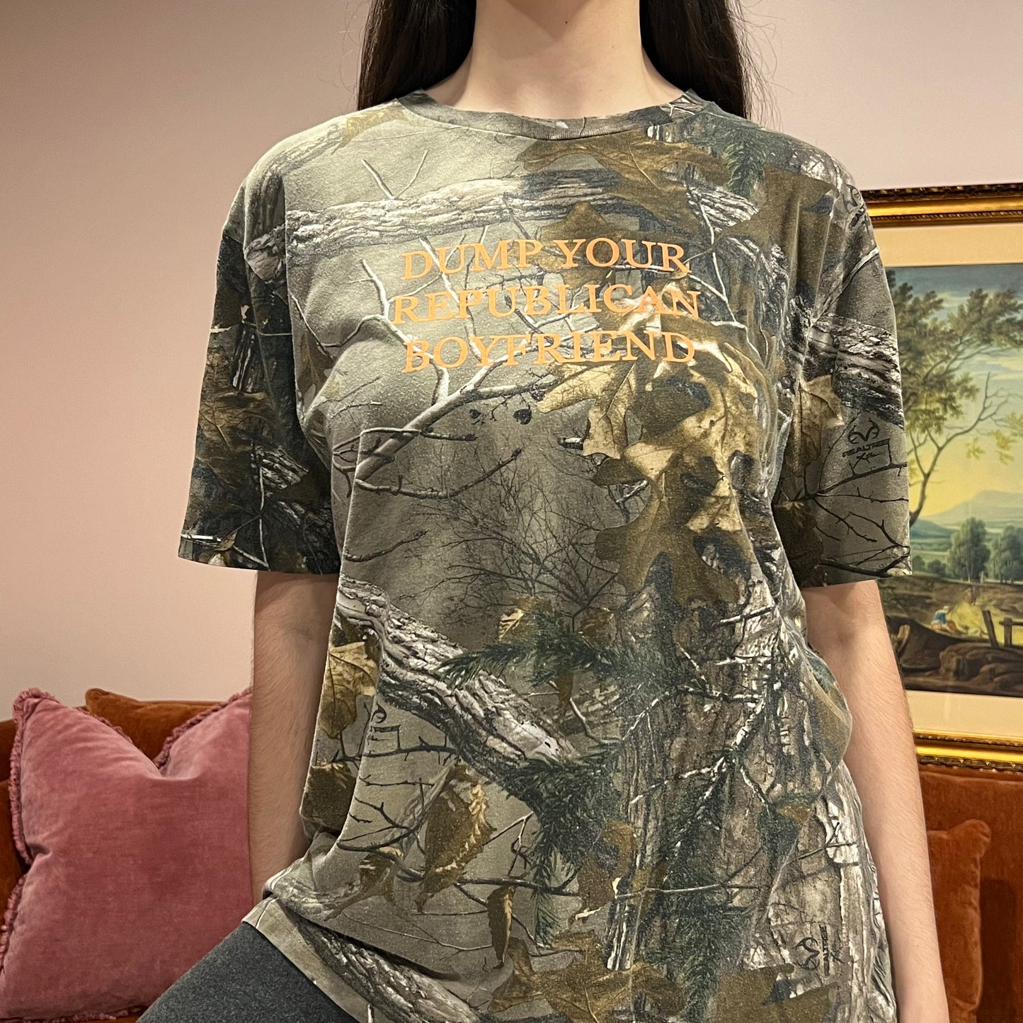 DUMP YOUR REPUBLICAN BOYFRIEND camo t-shirt with orange text (L)