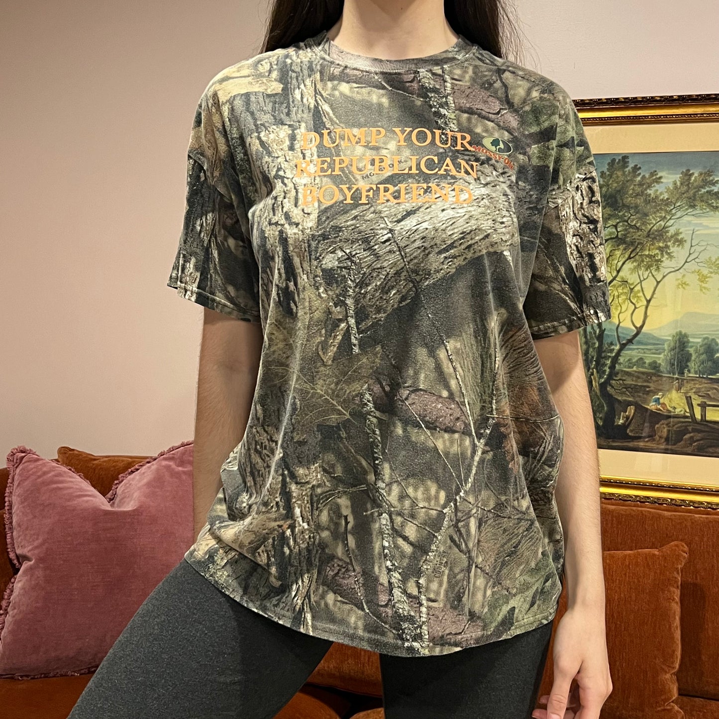DUMP YOUR REPUBLICAN BOYFRIEND camo t-shirt with orange text (XL)