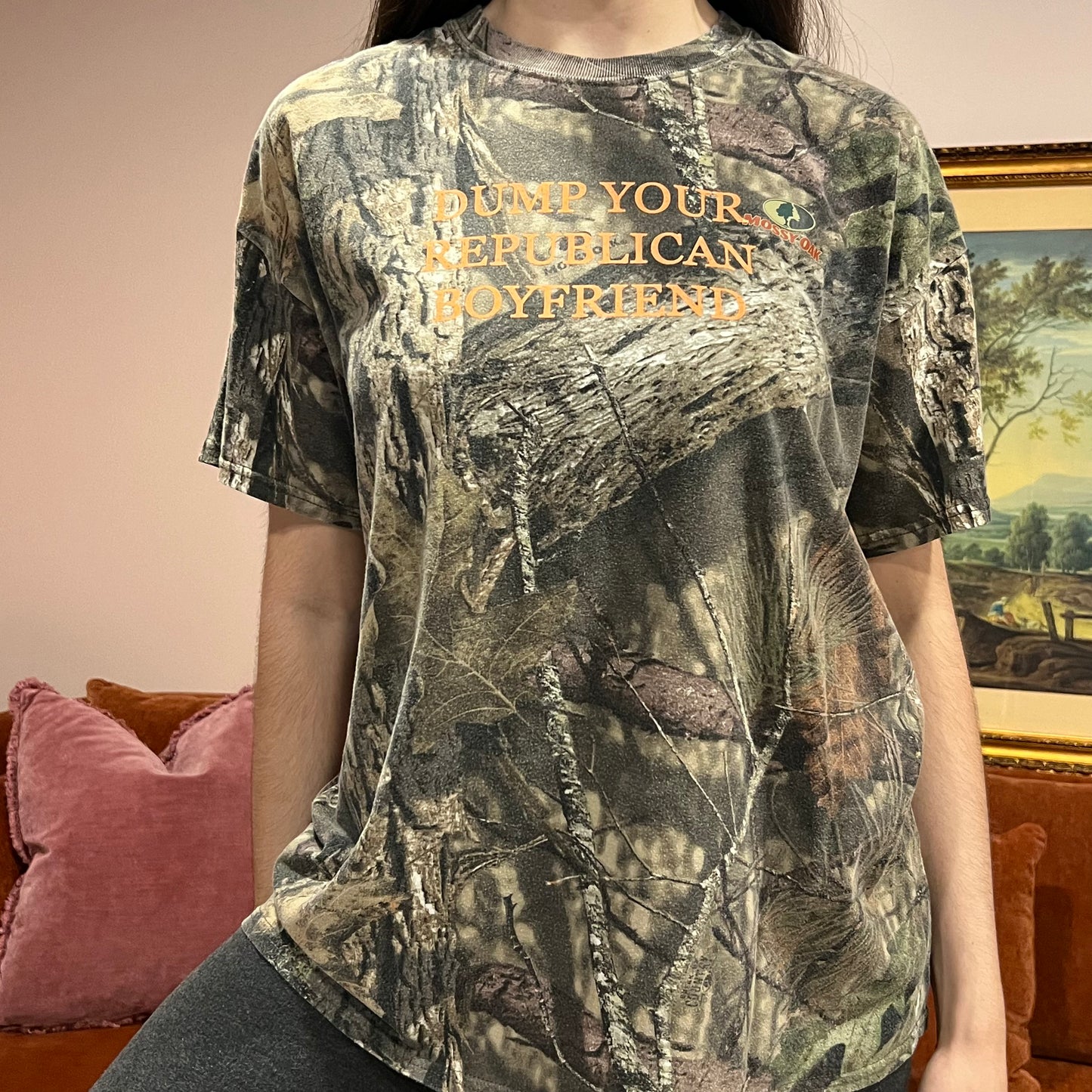 DUMP YOUR REPUBLICAN BOYFRIEND camo t-shirt with orange text (XL)