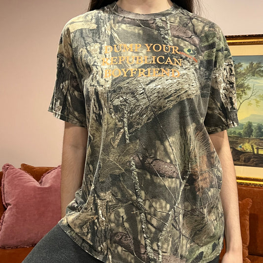 DUMP YOUR REPUBLICAN BOYFRIEND camo t-shirt with orange text (XL)