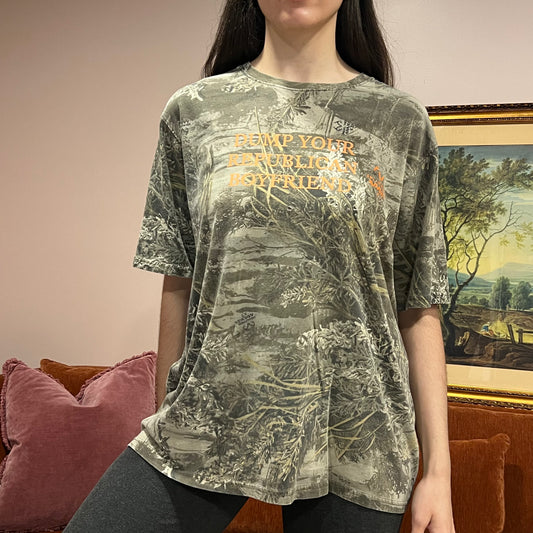 DUMP YOUR REPUBLICAN BOYFRIEND camo t-shirt with orange text (XL)