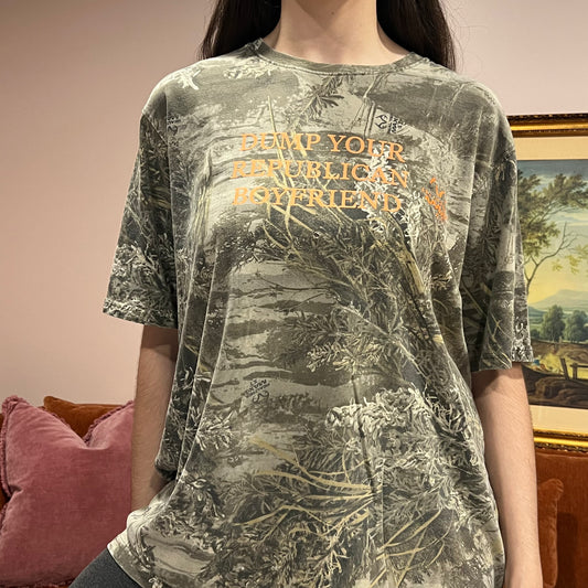 DUMP YOUR REPUBLICAN BOYFRIEND camo t-shirt with orange text (XL)
